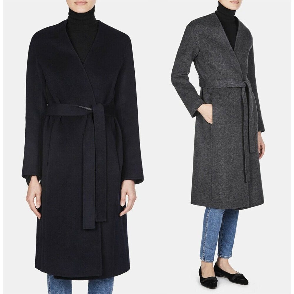 Vince Reversible Coat Women Med Grey Navy Wool Cashmere Belted Wrap Long Jacket